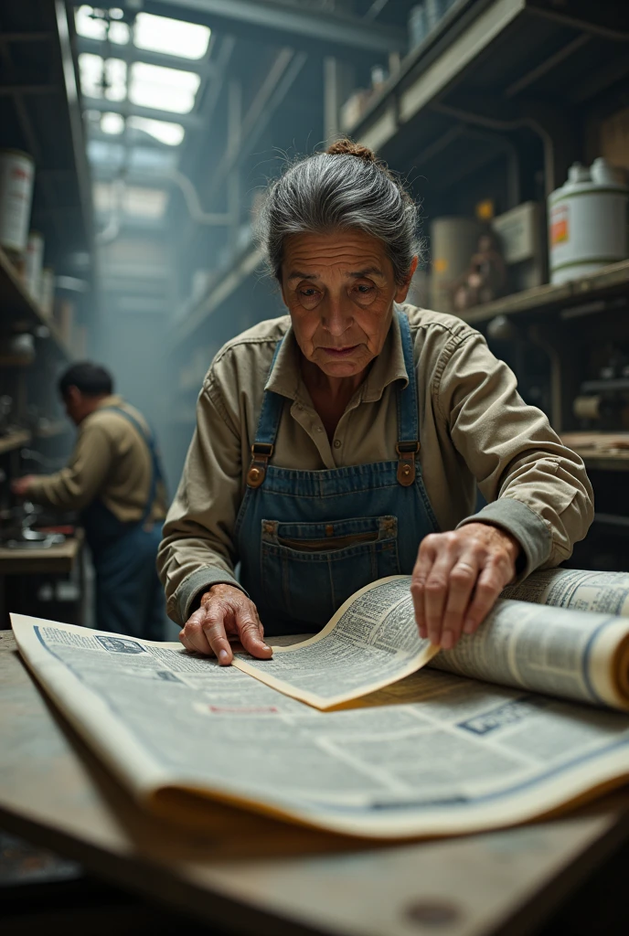 Scene of Maria Nieves senior in a printing press, checking the pages of the newspaper while the workers print. The atmosphere is one of intense work