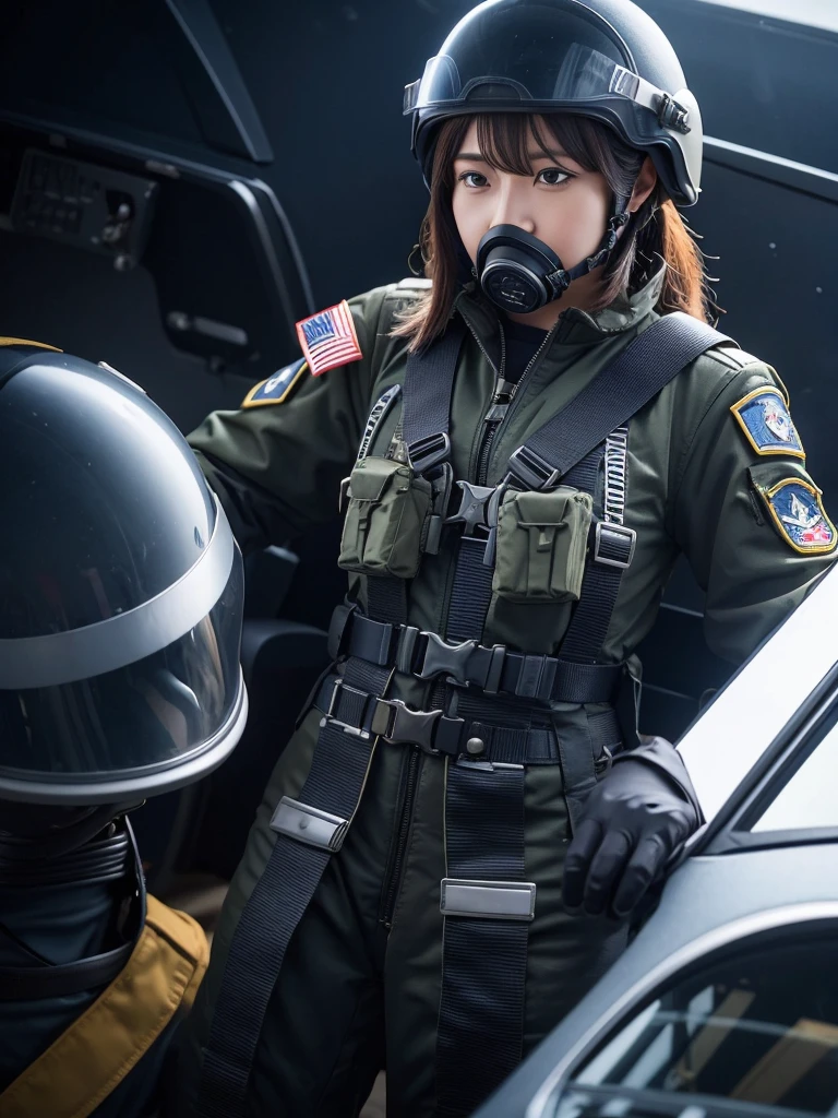 A female air force soldier wearing a helmet and pilot suit fighting in a fighter jet,Thick harness belt,gas mask,