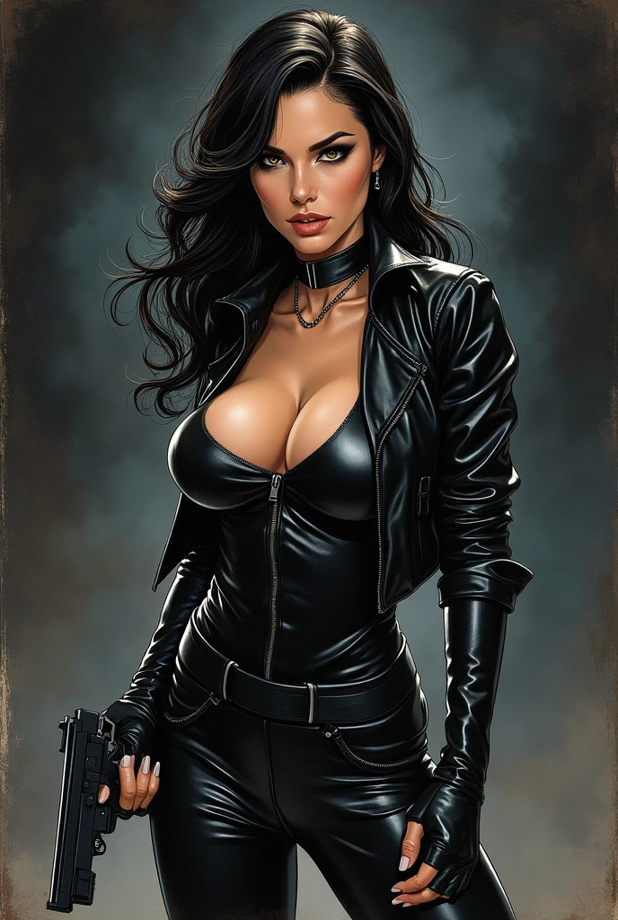 sexy girl, sexy clothes, black leather, Profile, sexy look, comic illustration style, Retro style, comic, manga, marvel style, Dark, Violent, Armada, aggressive, dark, evil, malevolent, beautiful, white, night, Violento, sonrisa evil, aggressive, comic illustration, posando Profile, with a gun in his hand, action pose, Marker drawing style