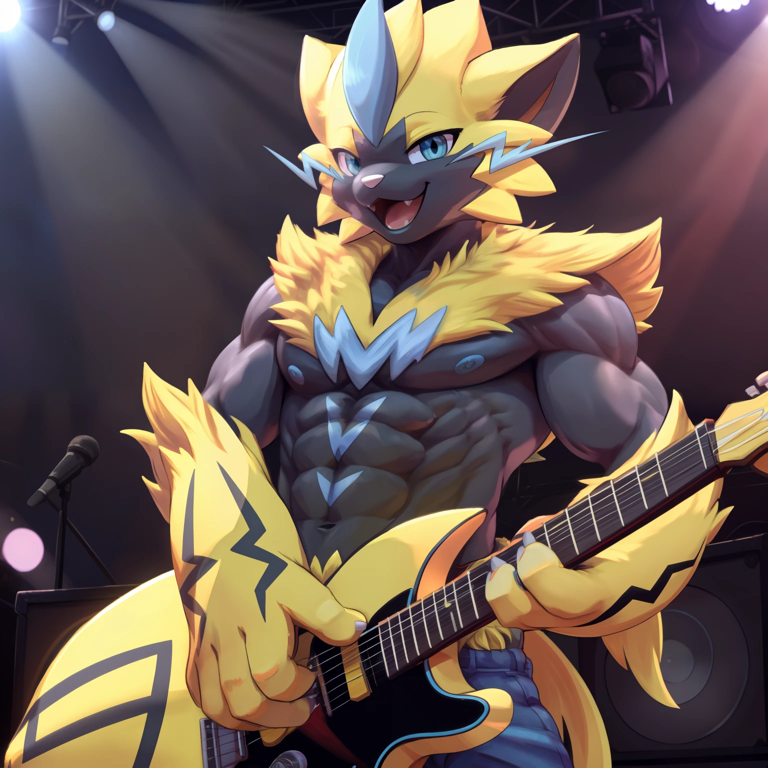 (zeraora, pokemon), male, (muscular), happy, open mouth, concert, playing electric guitar, (soft shading), (digital flat colors), 4k, hi res, UHD, (detailed illustration), masterpiece