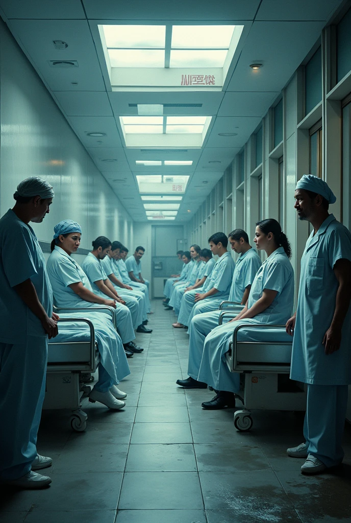 a clean, bright hospital contrasted with a dark, dirty environment filled with sick people