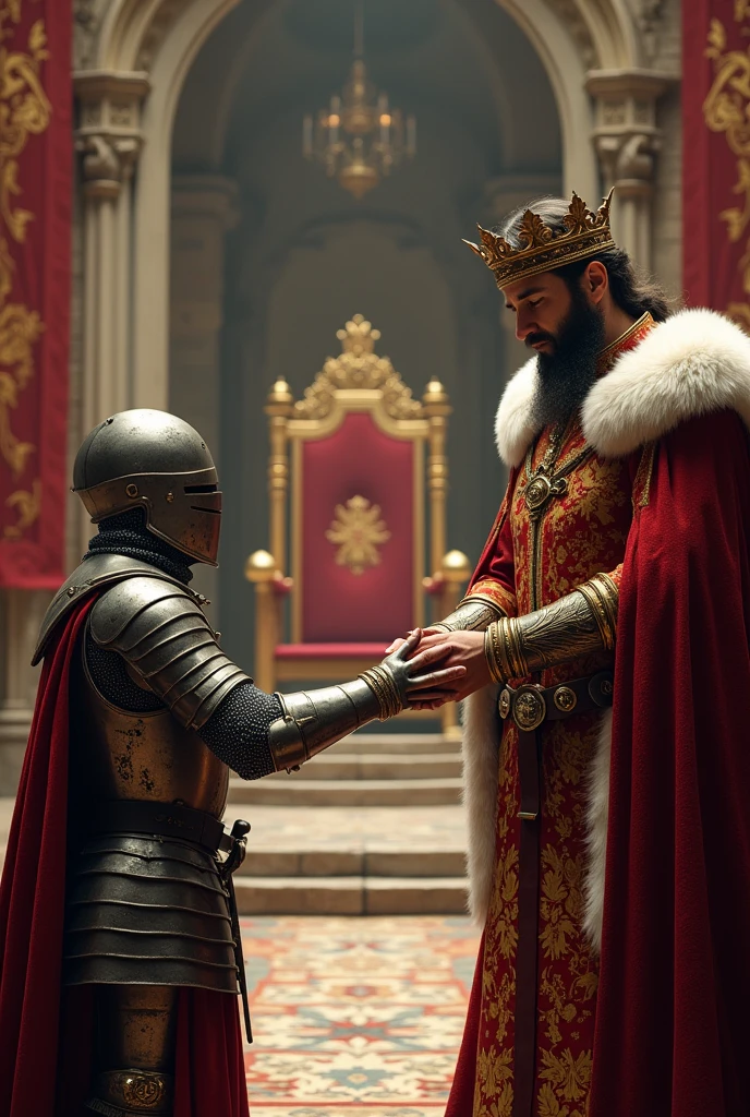 In medieval times, a knight in armor like the Cid from the work El cantar del mio cid,  kissing the hand of the king with his crown and royal attire inside a castle where his throne is 

