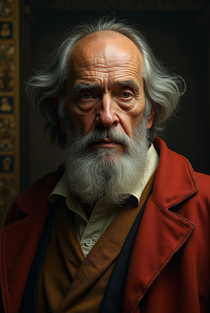 Old Leonardo Da Vinci looking straight ahead, true-to-life portrayal, movie scene