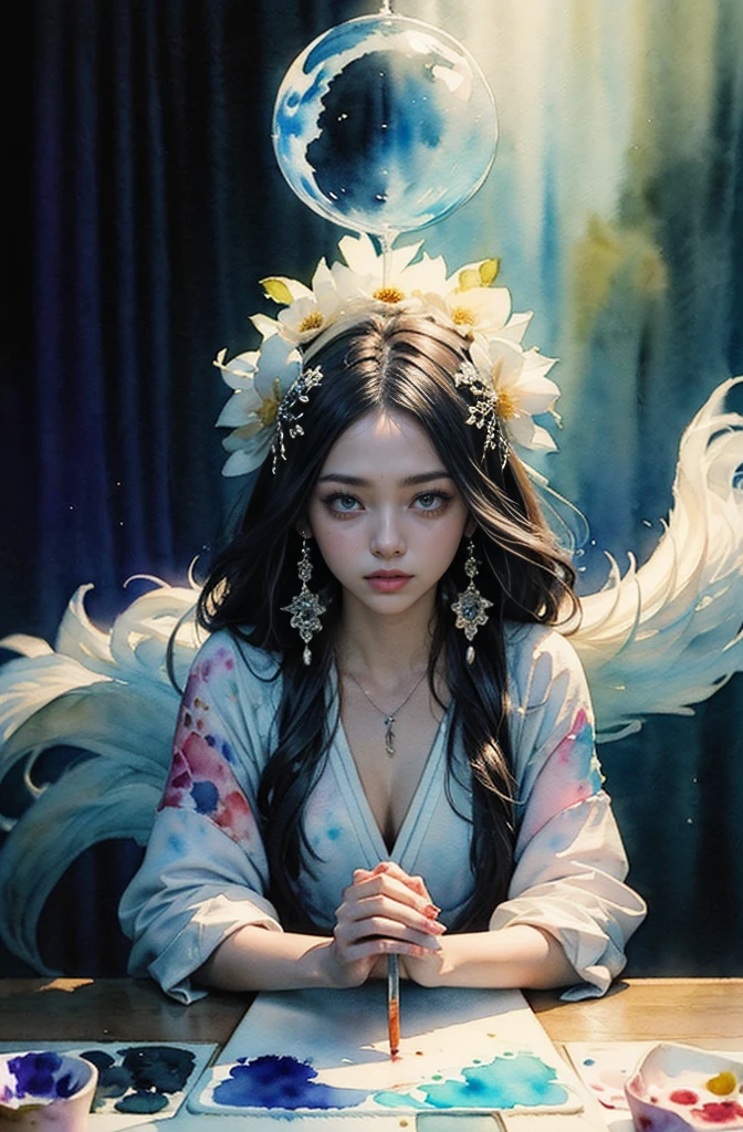 (Tabletop, Highest qualityの, Highest quality, Official Art, (beautifully、aesthetic:1.4), (Watercolor:1.4) ), (Izanami 1.5), 日本のgod話の女god, Majestic beauty, 創造の女god、生命の女god、Typically、((((Typically))))、Reincarnation Support, god'Grace, Gentle and meditative expressions, Flowing, celestial garments, Shine、Created all the landscapes and worlds on Earth, A dazzling dance of light, Whispers of Ancient Legends,