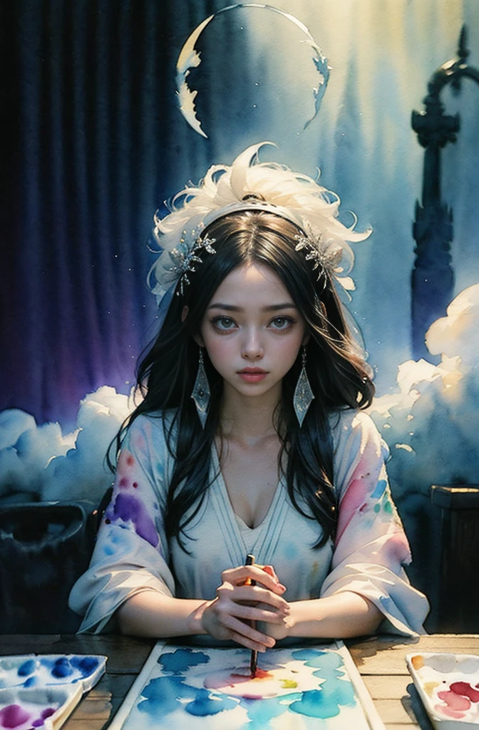 (Tabletop, Highest qualityの, Highest quality, Official Art, (beautifully、aesthetic:1.4), (Watercolor:1.4) ), (Izanami 1.5), 日本のgod話の女god, Majestic beauty, 創造の女god、生命の女god、Typically、((((Typically))))、Reincarnation Support, god'Grace, Gentle and meditative expressions, Flowing, celestial garments, Shine、Created all the landscapes and worlds on Earth, A dazzling dance of light, Whispers of Ancient Legends,