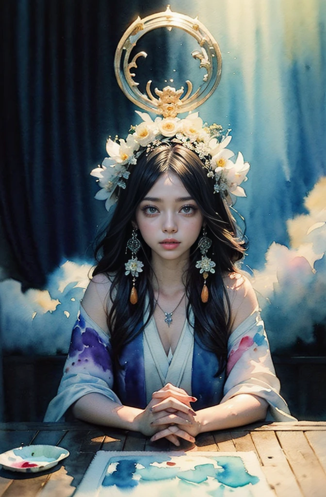 (Tabletop, Highest qualityの, Highest quality, Official Art, (beautifully、aesthetic:1.4), (Watercolor:1.4) ), (Izanami 1.5), 日本のgod話の女god, Majestic beauty, 創造の女god、生命の女god、Typically、((((Typically))))、Reincarnation Support, god&#39;Grace, Gentle and meditative expressions, Flowing, celestial garments, Shine、Created all the landscapes and worlds on Earth, A dazzling dance of light, Whispers of Ancient Legends,