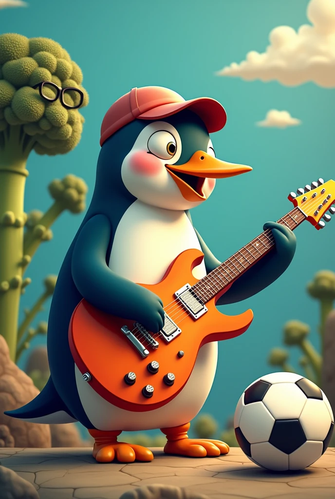 penguin with an electric guitar, a soccer ball and his friend a broccoli with glasses and a cap