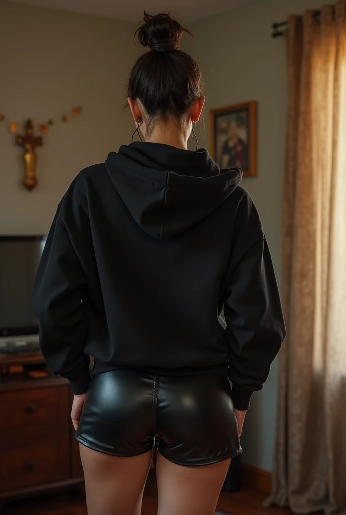 black woman hair in a bun black hoodie black leather short shorts being fucked in the ass by a old grandma in a dress