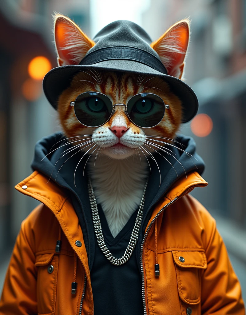 Cat wearing a hip hop jacket, punk, silver chain on neck, earphone in ear, hip hop hat on head, hip hop, sunglasses