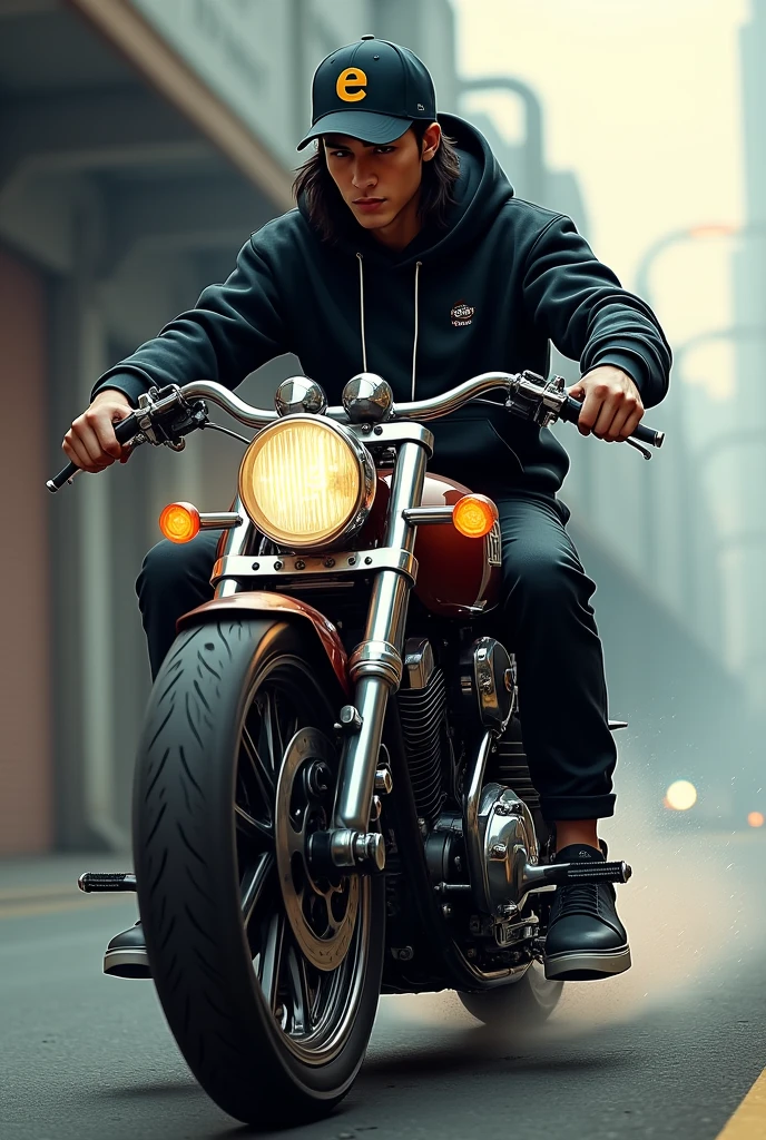 A motorcycle with a guy in a black sweatshirt with long hair wearing a cap with the E logo