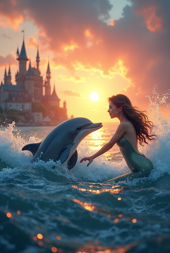 A dolphin and a mermaid in the waves of the sea with a beautiful castle in the background at a sunset with bright yellow colors, oranges and pinks, with flashes of light and sparkles around it