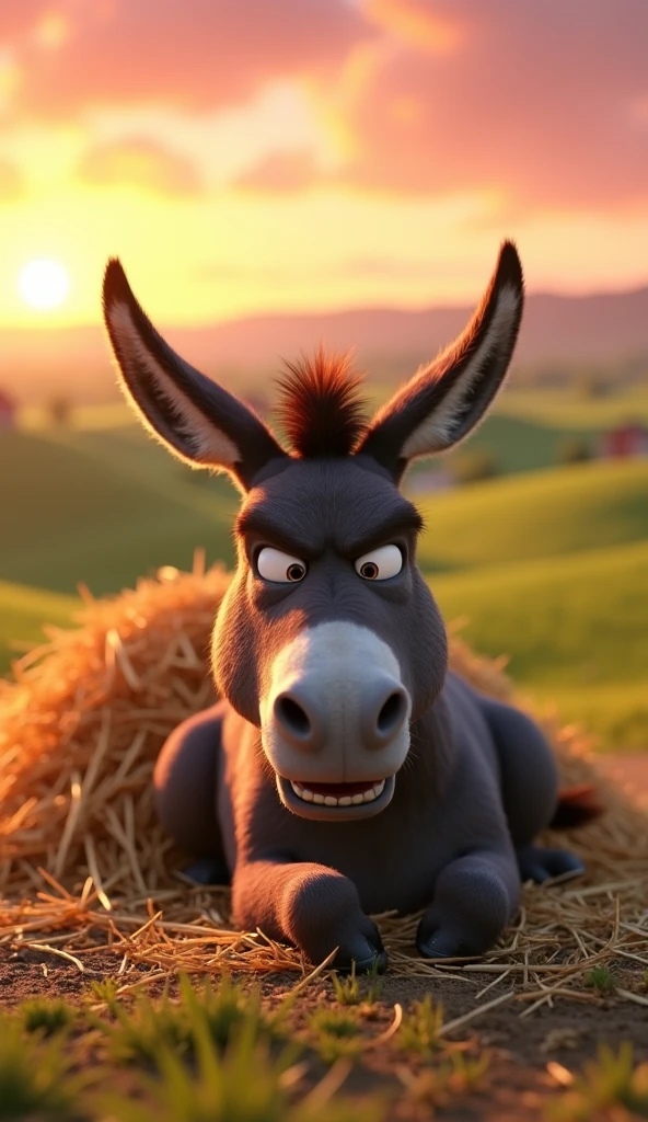 Draw an angry donkey lying on a pile of straw on a farm. The farm should be picturesque and detailed, with green fields and a sunrise sky with soft orange and pink tones, in a 3D animated style.