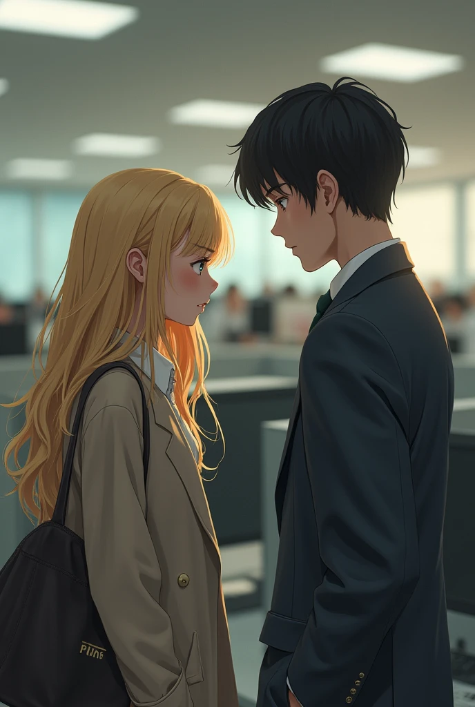 Long-haired blonde girl a little dull looking shyly at a dark-haired boy in the offices of a call center