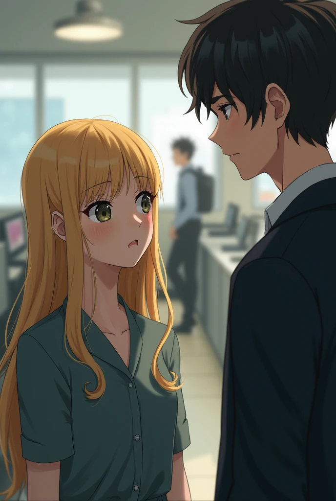 Long-haired blonde girl a little dull looking shyly at a dark-haired boy in the offices of a call center 