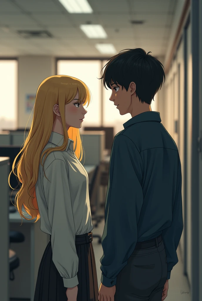 Long-haired blonde girl a little dull looking shyly at a dark-haired boy in the offices of a call center