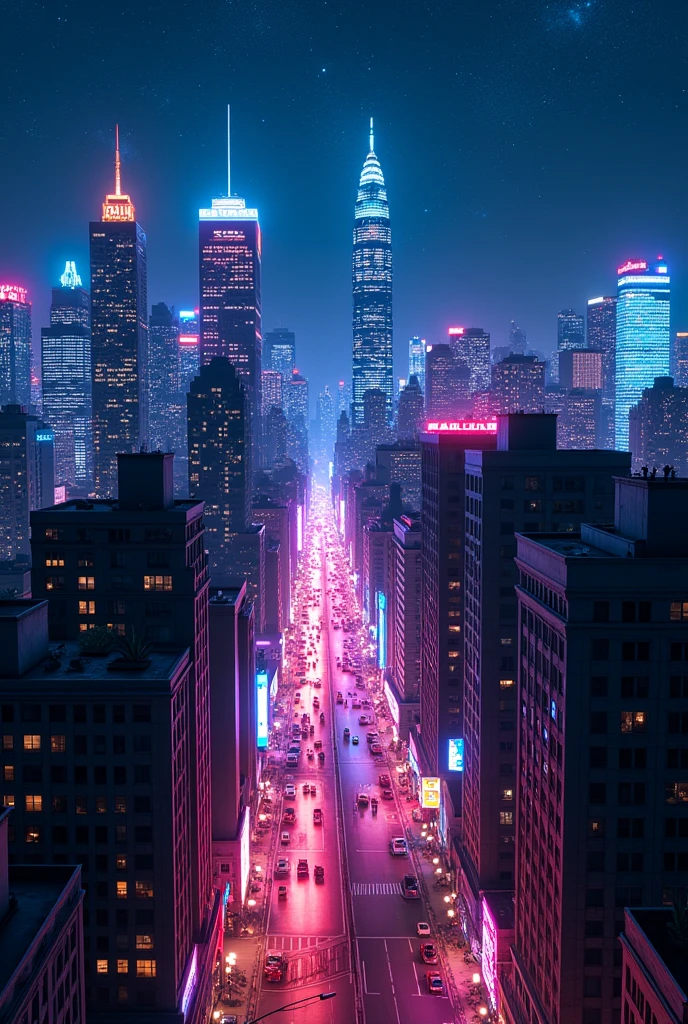 New York City, Night view, Ultra-high resolution,8k, Neon Town, Photorealistic, Colorful,Beautiful starry sky, Neon Light