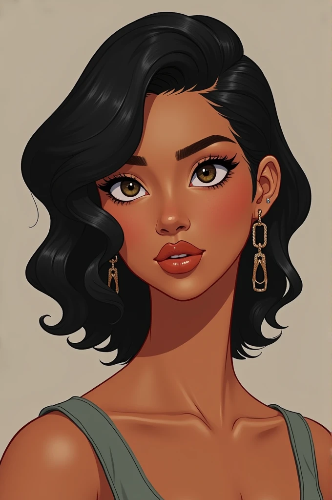 Make me an eye catching vtuber character design with a muted color pallet, tan skin, dark hair and bright eyes