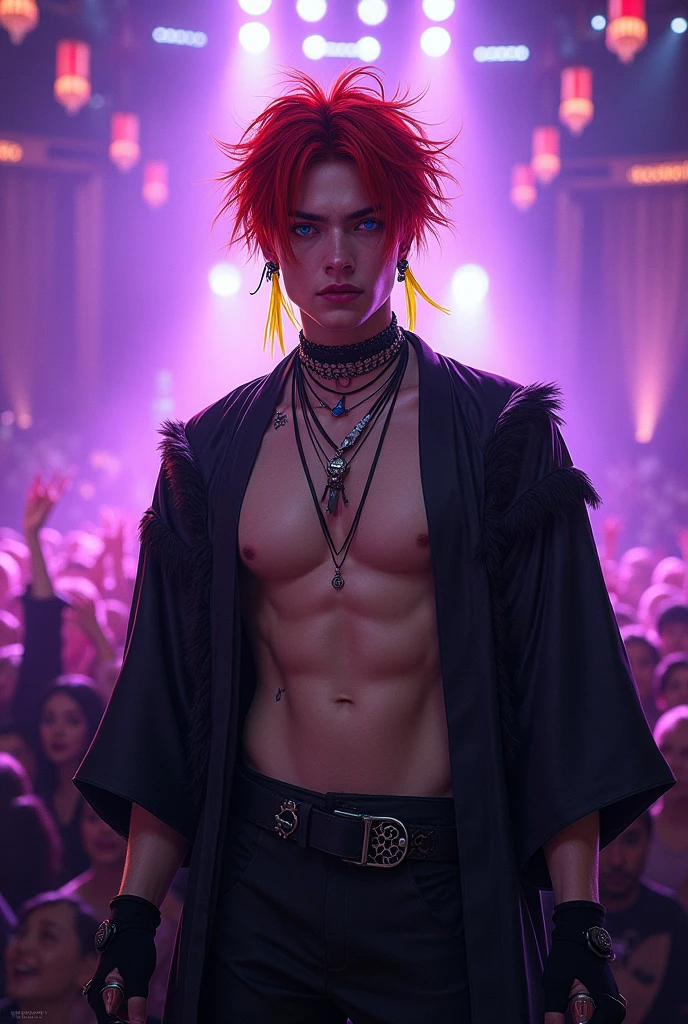 absurd, high resolution, ultra detailed, HDR, masterpiece, best quality, extremely detailed, detailed eyes, Quincy, red hair with yellow side streaks, messy ponytail hair, hair between the eyes, expressive blue eyes, nu Carnival, solo, manhwa man, sexy man, manly man, horny, lustful, handsome, fantasy, undressing, black haori, transparent kimono, black choker, feathers, accessories, black gloves, fingerless gloves, elbow gloves, black bow headband, cock full of old perverts, ear microphone, purple light spotlights, mouth piercing, crowded show, fantasy manhwa, dick show,