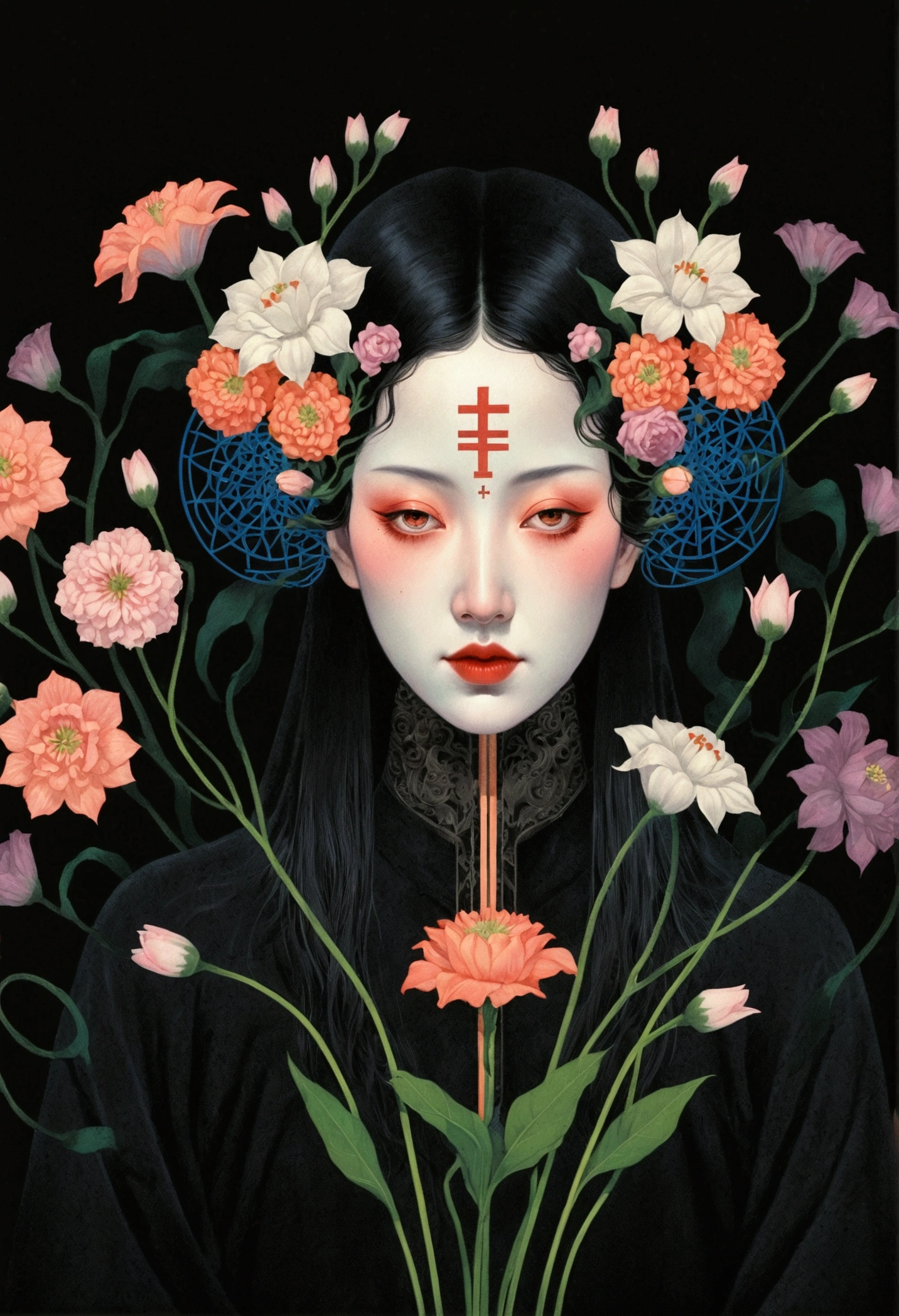 Portrait of a woman with a bouquet of flowers, The art of math by Yu Zhiding, tumblr, The art of math, art deco Flower Wizard, Flowers covering eyes, dark Flower Wizard, Flower Wizard, The art of math illustration, Surreal Waizi Flowers, Chinese Ghost Festival, Complex artwork. Neon eyes, Ghost Festival
