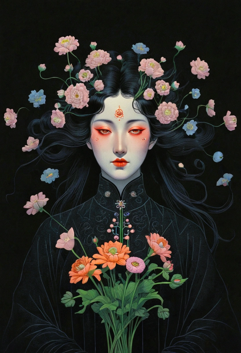 Portrait of a woman with a bouquet of flowers, The art of math by Yu Zhiding, tumblr, The art of math, art deco Flower Wizard, Flowers covering eyes, dark Flower Wizard, Flower Wizard, The art of math illustration, Surreal Waizi Flowers, Chinese Ghost Festival, Complex artwork. Neon eyes, Ghost Festival