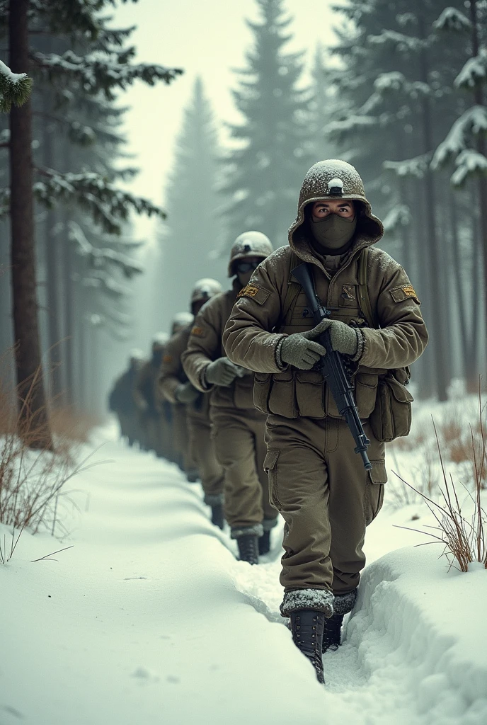 take a photograph of soldiers behind trees/conifers being mobilized, in snow suits, goggles, masked and wearing helmets, bad quality, panoramic view, 1950