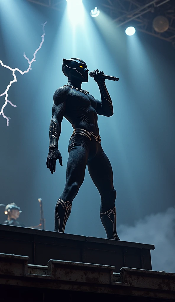 Rock Black Panther marvel holding the microfon singing with a background of thunder and a very rock vibes.