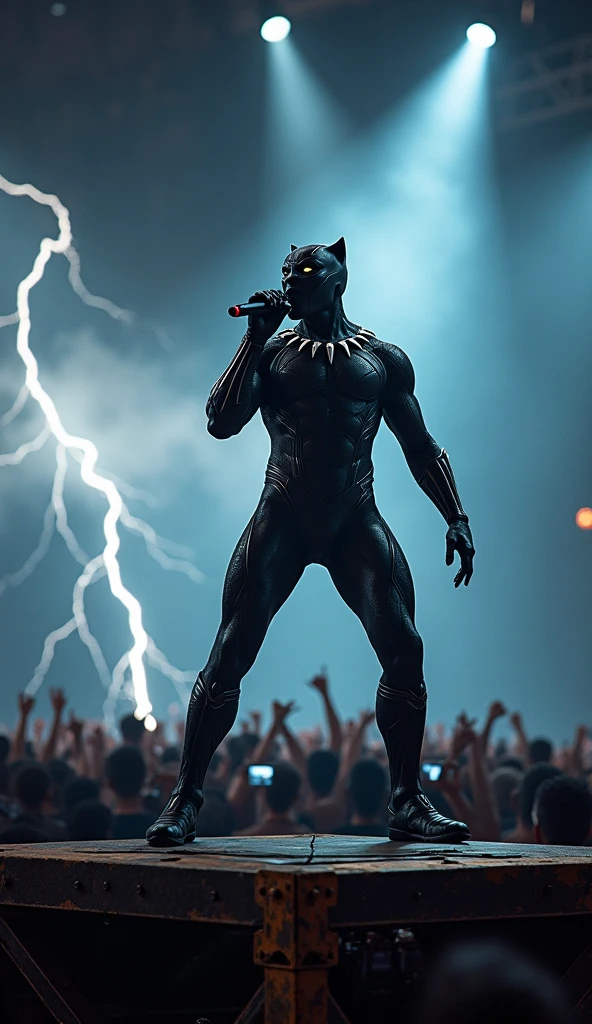 Rock Black Panther marvel holding the microfon singing with a background of thunder and a very rock vibes.