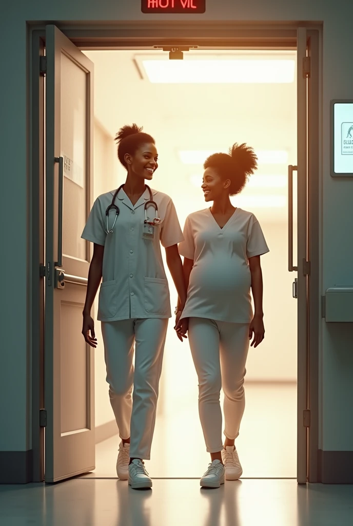 Generate an image of a black beautiful nurse and a black beautiful pregnant lady in casual wear walking into the hospital 
