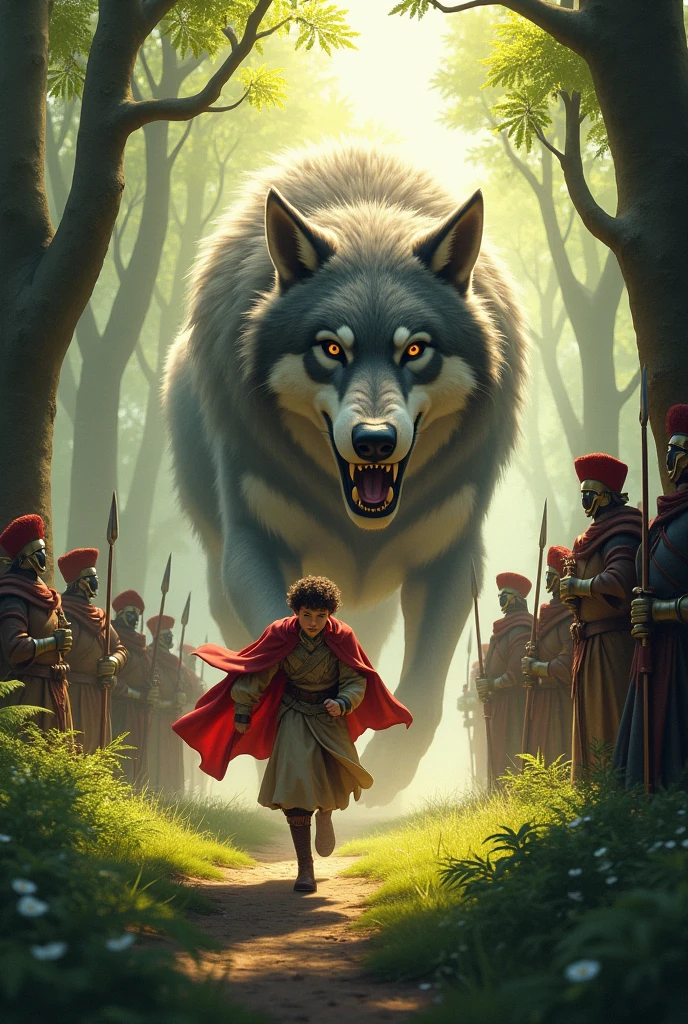 A prince chased by a very giant wolf in the forest on a sunny day. The prince runs and finds the palace and was saved by very very committed soldiers. 