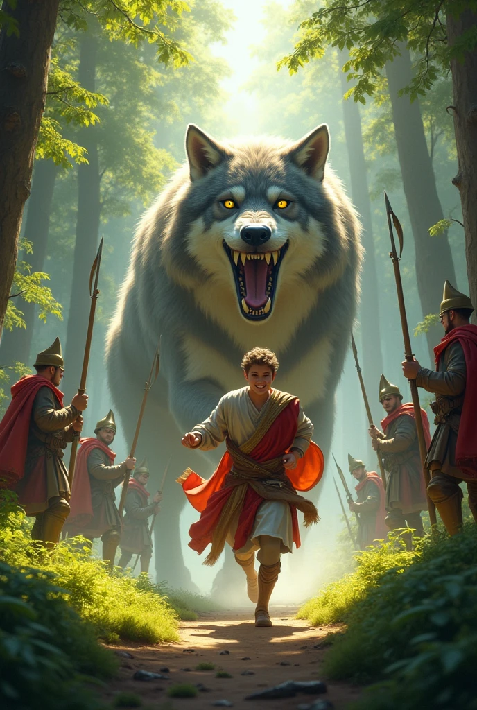 A prince chased by a very giant wolf in the forest on a sunny day. The prince runs and finds the palace and was saved by very very committed soldiers.