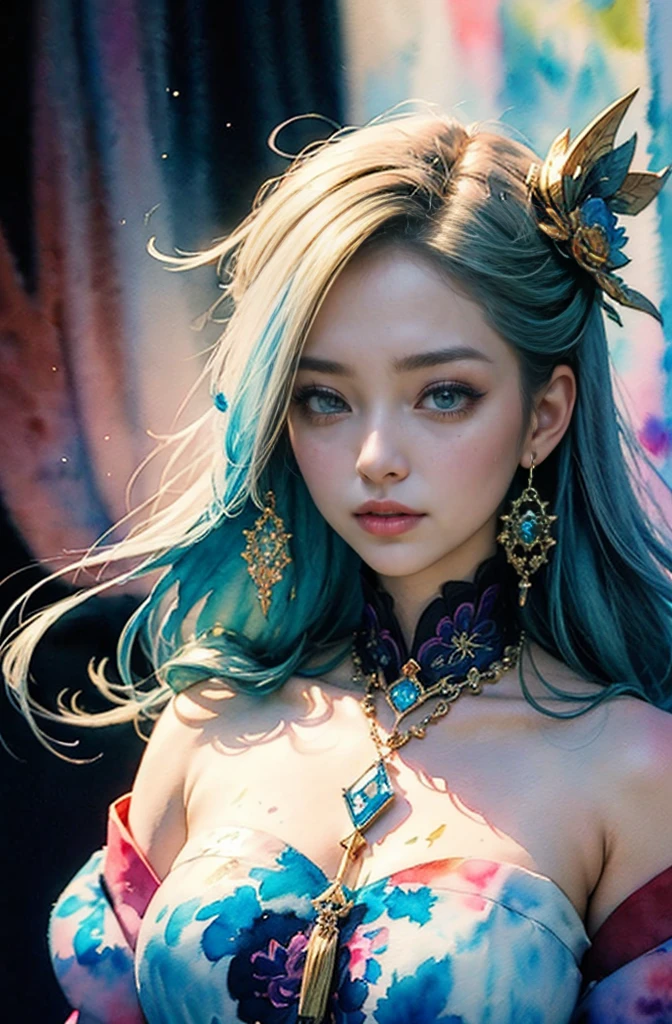 (Tabletop, Highest qualityの, Highest quality, Official Art, (beautifully、aesthetic:1.4), (Watercolor:1.4) ), (Izanami 1.5), 日本のgod話の女god, Majestic beauty, 創造の女god、生命の女god、Typically、((((Typically))))、Reincarnation Support, god&#39;Grace, Gentle and meditative expressions, Flowing, celestial garments, Shine、Created all the landscapes and worlds on Earth, A dazzling dance of light, Whispers of Ancient Legends