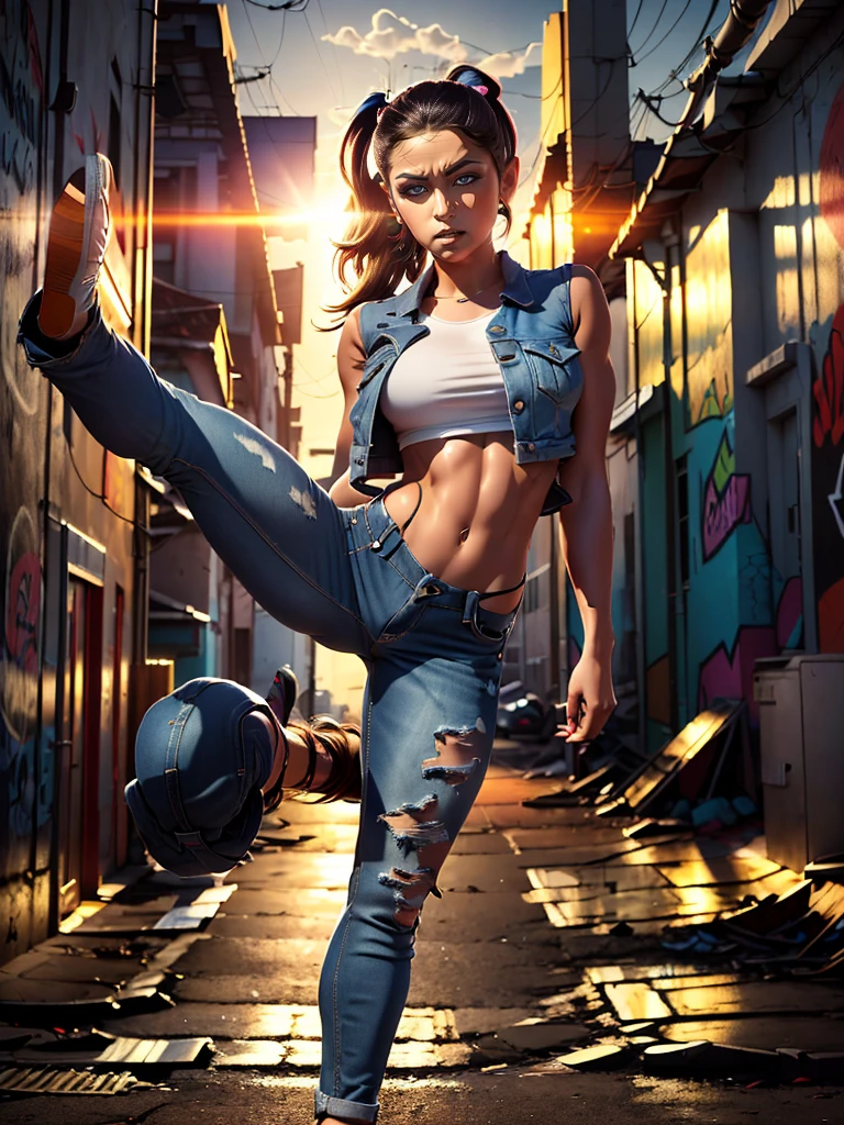 Very aesthetic inkpunk illustration, Alison Tyler, (((standing straight legged high kick with one foot touching the ground and the other foot pointing at the heavens))), sentada em uma cadeira simples, corpo inteiro, separated-lips, ,(((jaqueta de couro preta com rebites))) , ripped jeans, camiseta branca, , fundo da parede com graffiti, Arte por Mschiffer, white revealing torn clothing, ripped denim, very long beautiful hair, double ponytails, flexible splits pose