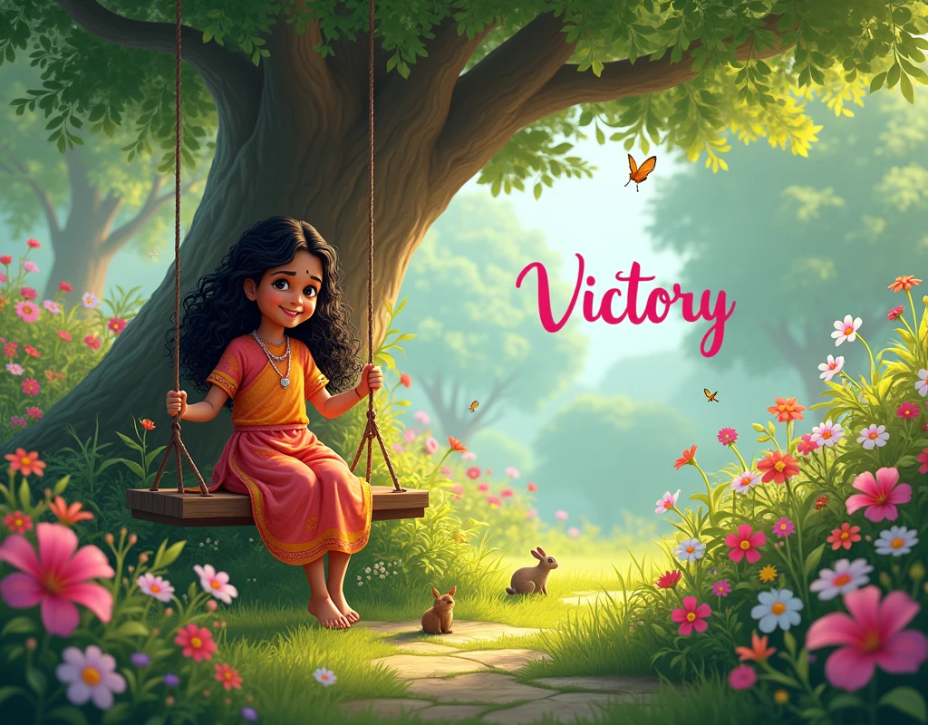 garden full of flowers,MANY SMALL ANIMALS,A TREE WITH A SWING ,AN INDIAN CHILD WITH CURLY HAIR IN A DRESS ON A SWING IN THE BACKGROUND ,THE NAME VICTORY IS WRITTEN IN THE BACKGROUND IN PINK COLOR