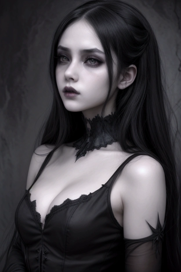 a dark anime girl, beautiful detailed eyes, beautiful detailed lips, extremely detailed face and expression, long dark hair, pale skin, gothic fashion, black dress, dark eyeshadow, moody atmosphere, dramatic lighting, dark fantasy, cinematic, dramatic colors, chiaroscuro, dark and moody, dramatic shadows, muted tones, high contrast, dramatic composition, masterpiece