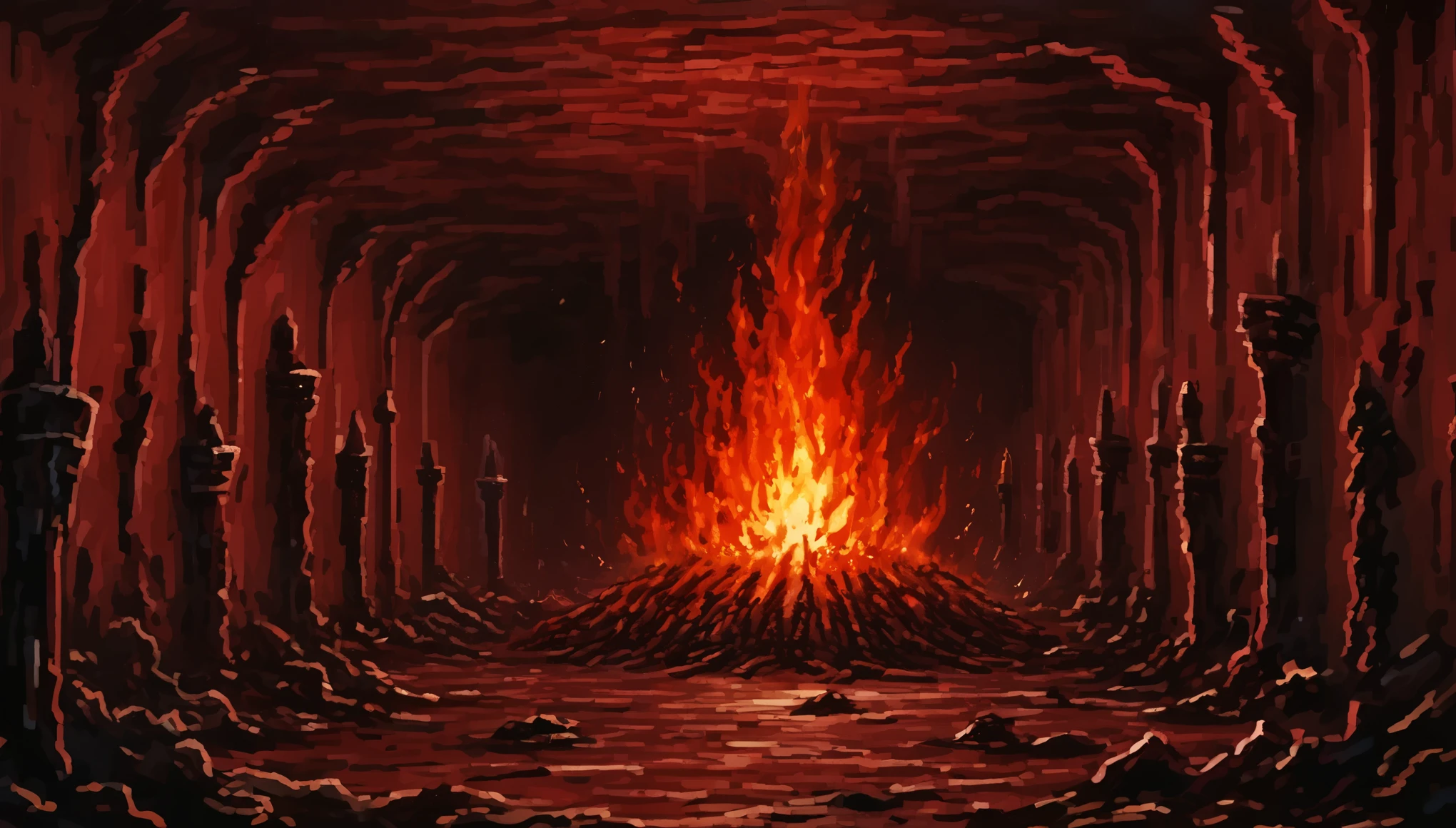 Dark Catacombs, Red Walls, walls in blood, fire, room on fire, Horror, Dark,