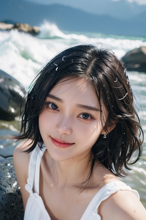 (2 Japanese girl,), (Small breasts:1.5,),(solo,,Textured skin, Detailed skin,Detailed face,Detailed eyes,detailed posing,Natural eyebrows,Sparkling Eyes,High detail, Highest quality, Super detailed, Surrealism, ,8k,RAW Photos,Photographicism,Professional Lighting,Portrait Photography,Soft Light),((Black Hair, Dark Eyes,Natural Makeup,Simple earrings,Bob Hair,ribbon,smile)),(((Rocky area,Waves crashing against rocks,Intense wave spray,Get wet from the waves,Aperture F1.2,White dress,Close-up)))