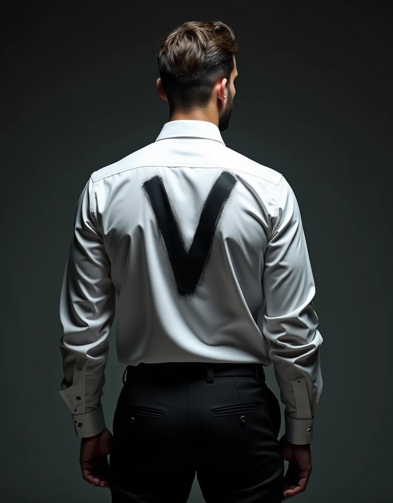 A man facing backwards wearing a white dress shirt, with the letters V V spray painted on his back, and black dress pants with dark background. Super clear and hdr.