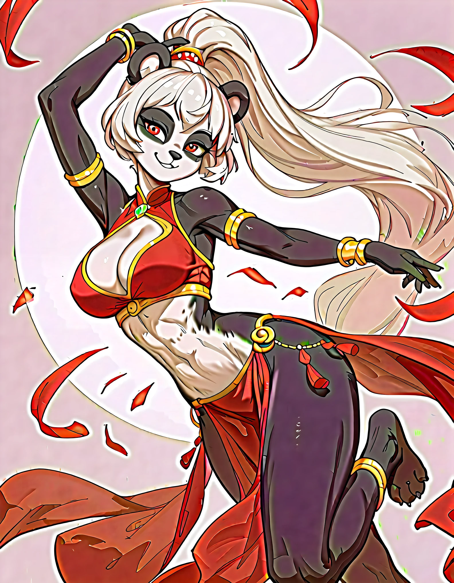 score_9, score_8_up, score_7_up, score_6_up, 1girl, anime style, anthro, sfw, anthro female panda, fluffy, dancer, red embroidered chinese dress, golden bracelets, golden anklets, cleavage cutout, long ponytail, white hair, red eyes, athletic physique, large breasts, wide hips, exposed midriff, exposed thighs, seductive gaze, smile, dancing