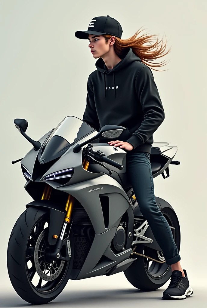 A sports bike with a guy in a black sweatshirt with long hair wearing a cap with an E logo