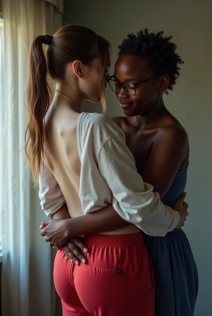 Create a photo of a 30 year old young woman, with long light brown hair tied in a ponytail with a lock of hair over her face, slender and beautiful body, wearing red sweatpants and an open white shirt without a bra with bare breasts, with white and clear skin, is facing the camera and being hugged and lifted up by a black ager, dark-skinned, obese, did, lowrise, with short hair who is wearing a blue dress and glasses