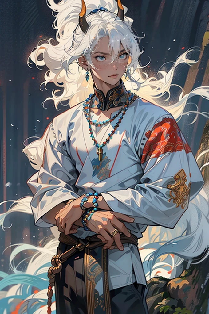 1male, mature, tan skin, finely detailed glowing blue eyes, ((detailed hands)), nice hands, medium messy hair, white hair color, prayer bead necklace, prayer bead bracelet, standing with hands in pocket, standing on mountain trail, waterfall, night, somber expression, ((detailed eyes)), ((horns)), red tattoos on chest
