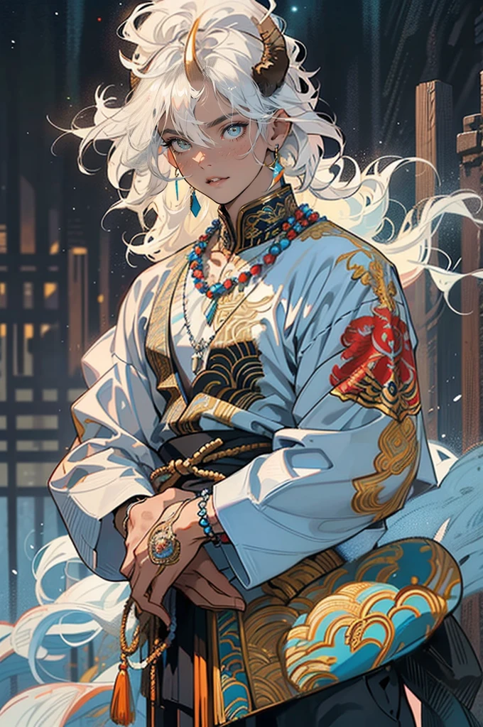 1male, mature, tan skin, finely detailed glowing blue eyes, ((detailed hands)), nice hands, medium messy hair, white hair color, prayer bead necklace, prayer bead bracelet, standing with hands in pocket, standing on mountain trail, waterfall, night, somber expression, ((detailed eyes)), ((horns)), red tattoos on chest