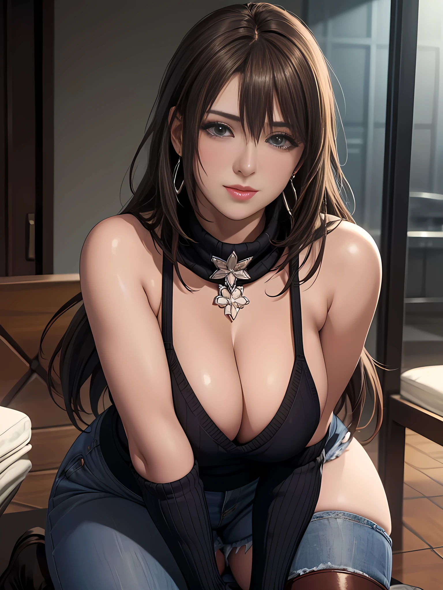 Extremely Detailed CG-Unity 8K Wallpapers, top-quality, ultra-detailliert, masterpiece, realistic, (photo-realistic:1.35), immature woman, (half body shot), ultra-high resolution, ((light brown hair)), straight hair, beautiful shining hair, white and shining skin, ((Ultra realistic details)), octane rendering, highly detailed face, (medium breasts:0.7), Wrap it around your neck or drape it over your shoulders for warmth Blanket Scarf Wrap, cozy blanket scarf in a plaid or checkered pattern, Style with a chunky black knit sweater, low lise jeans, and knee-high riding boots for a cozy winter look, open neckline, cleavage, perfect body, soft skin, White cherry blossom embroidery pattern, silver earrings, sharp focus, intricate details, professional artwork, (bright colors:1.1), bright colors, diffused lighting, digital blending, ultra-definition body, ultra detail hair, super detailed face, trending on pixiv, top button open, Cute gaze, compensate, perfect lips, perfect compensate, Ultra-precision coating, (light_smile:0.8), at the salon
