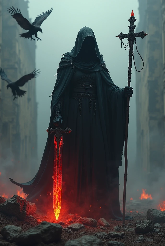 Imagine a unique character.,wrapped in a flowing black cloak。They wield a formidable weapon,stepping on a destroyed and burning cross. A staff with a blade that shines with an unforgettable blood crimson color。This weapon seems to consume the life essence of its victim..,leaving a cold、A lifeless shell。The background is a burning church,shrouded in darkness,Defined by an otherworldly building。The fog fills the land,This adds a strange sense of desolation to the land..。In this world,Our mysterious character is on a seemingly endless quest. Bodies of priests on the ground and 7 decomposing vultures flying