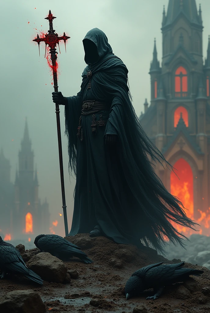 Imagine a unique character.,wrapped in a flowing black cloak。They wield a formidable weapon,stepping on a destroyed and burning cross. A staff with a blade that shines with an unforgettable blood crimson color。This weapon seems to consume the life essence of its victim..,leaving a cold、A lifeless shell。The background is a burning church,shrouded in darkness,Defined by an otherworldly building。The fog fills the land,This adds a strange sense of desolation to the land..。In this world,Our mysterious character is on a seemingly endless quest. Bodies of priests on the ground and 7 decomposing vultures flying