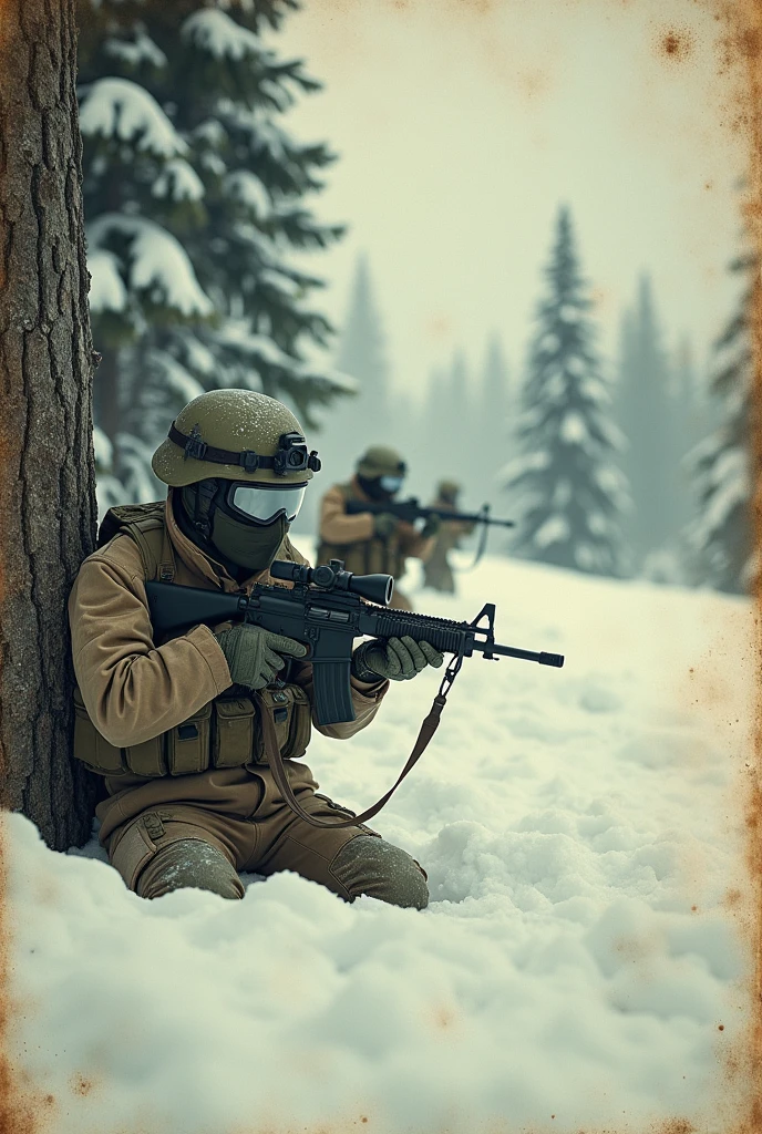 
take a photograph of soldiers behind trees/conifers being mobilized, in snow suits, winter glasses, masked and wearing helmets, bad quality, panoramic view, 1950