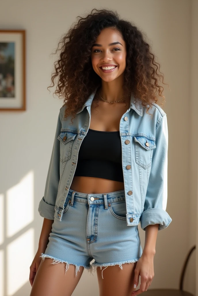 An image of a woman with voluminous wavy hair, standing confidently and smiling at the camera. She is wearing a light denim jacket with rolled sleeves, a black crop top, and high-waisted denim shorts. Her right hand rests on her hip, and her left arm is relaxed at her side. The setting is simple, with soft lighting that highlights her friendly demeanor and casual style.