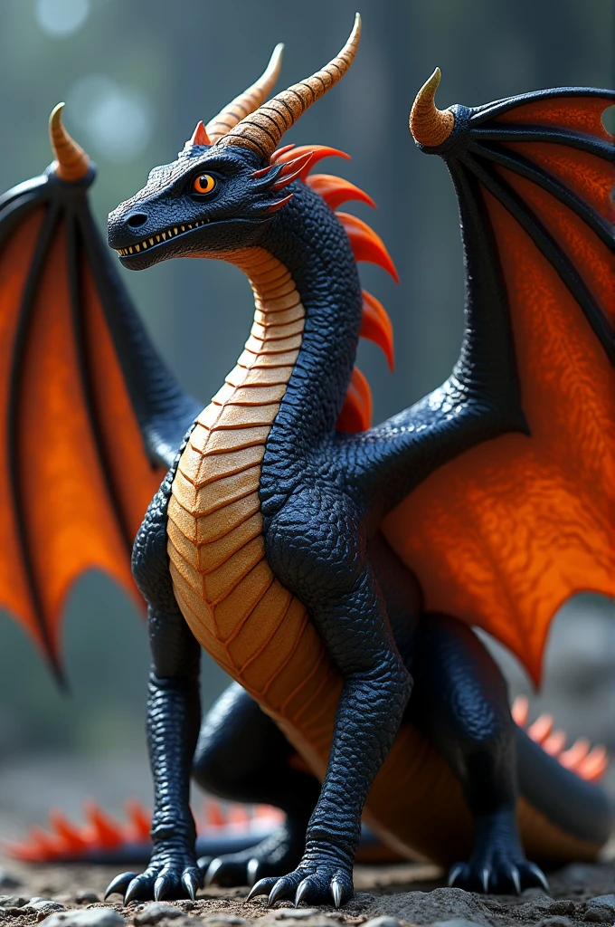 Realistc Dragon, Black and Orange, Full image, two horns,