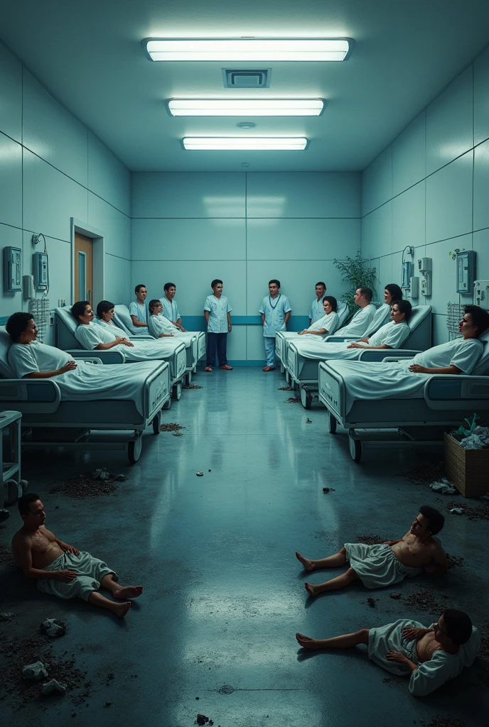 a clean, bright hospital contrasted with a dark, dirty environment filled with sick people
