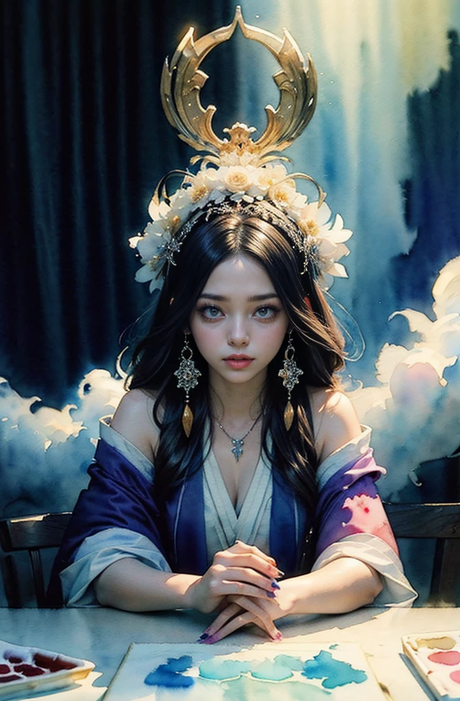 (Tabletop, Highest qualityの, Highest quality, Official Art, (beautifully、aesthetic:1.4), (Watercolor:1.4) ), (Izanami 1.5), 日本のgod話の女god, Majestic beauty, 創造の女god、生命の女god、Typically、((((Typically))))、Reincarnation Support, god'Grace, Gentle and meditative expressions, Flowing, celestial garments, Shine、Created all the landscapes and worlds on Earth, A dazzling dance of light, Whispers of Ancient Legends,